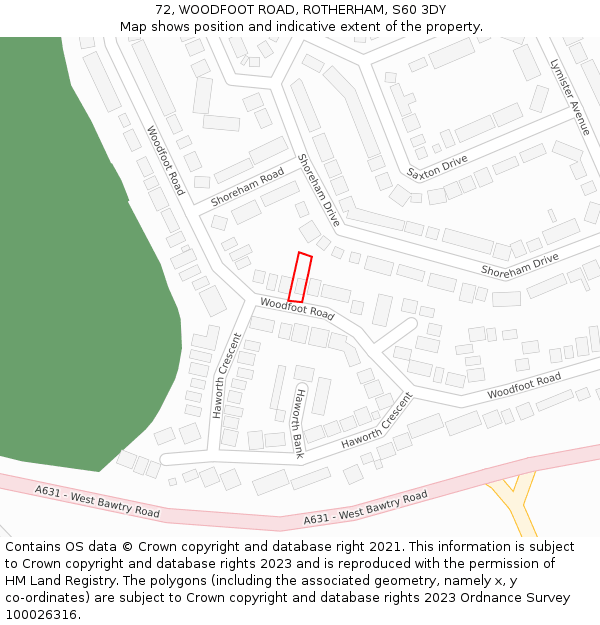 72, WOODFOOT ROAD, ROTHERHAM, S60 3DY: Location map and indicative extent of plot