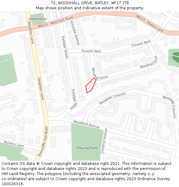 72, WOODHALL DRIVE, BATLEY, WF17 7TE: Location map and indicative extent of plot