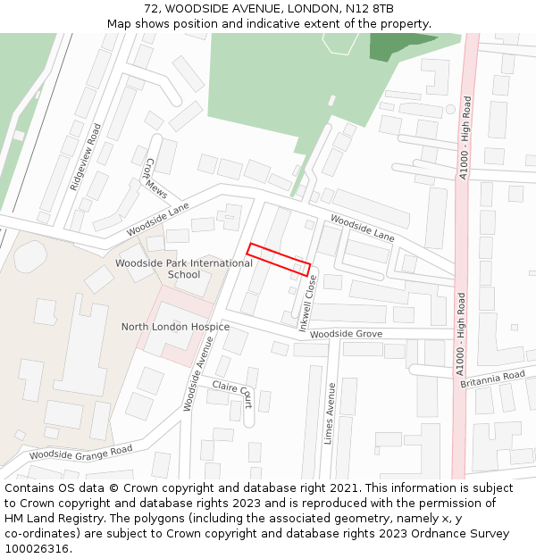 72, WOODSIDE AVENUE, LONDON, N12 8TB: Location map and indicative extent of plot