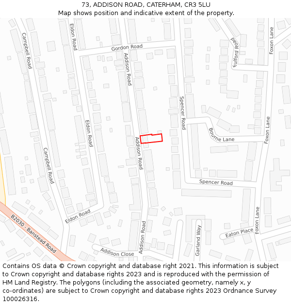 73, ADDISON ROAD, CATERHAM, CR3 5LU: Location map and indicative extent of plot