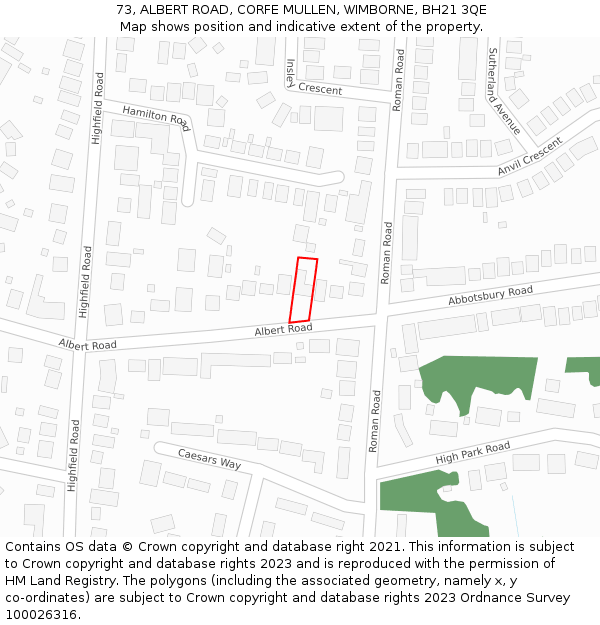 73, ALBERT ROAD, CORFE MULLEN, WIMBORNE, BH21 3QE: Location map and indicative extent of plot