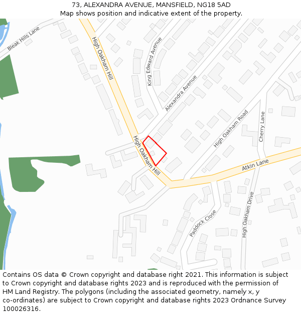 73, ALEXANDRA AVENUE, MANSFIELD, NG18 5AD: Location map and indicative extent of plot