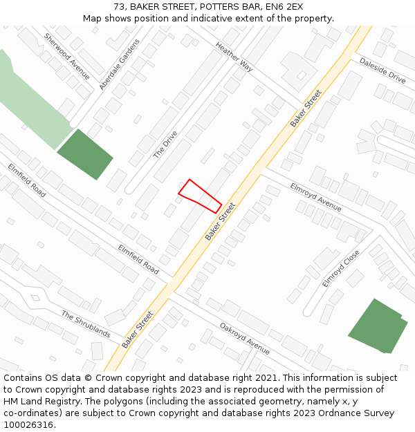 73, BAKER STREET, POTTERS BAR, EN6 2EX: Location map and indicative extent of plot