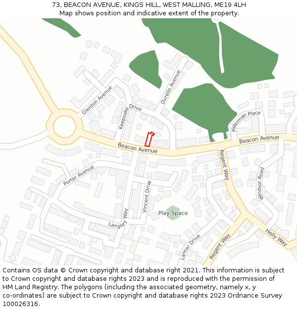 73, BEACON AVENUE, KINGS HILL, WEST MALLING, ME19 4LH: Location map and indicative extent of plot