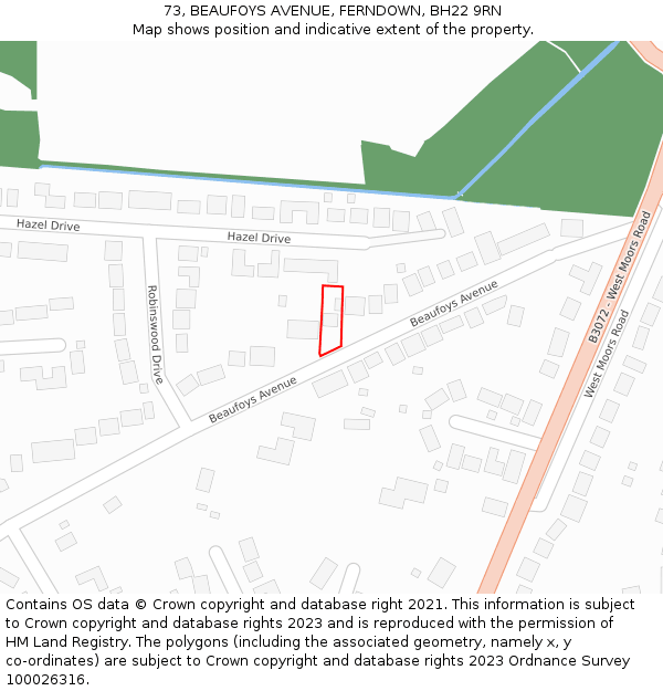 73, BEAUFOYS AVENUE, FERNDOWN, BH22 9RN: Location map and indicative extent of plot
