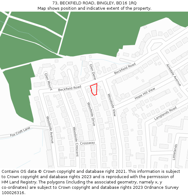 73, BECKFIELD ROAD, BINGLEY, BD16 1RQ: Location map and indicative extent of plot