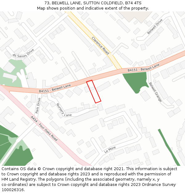 73, BELWELL LANE, SUTTON COLDFIELD, B74 4TS: Location map and indicative extent of plot