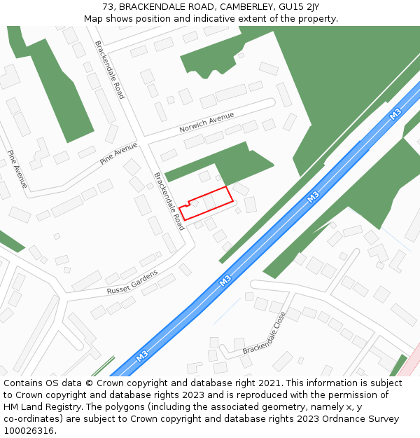 73, BRACKENDALE ROAD, CAMBERLEY, GU15 2JY: Location map and indicative extent of plot