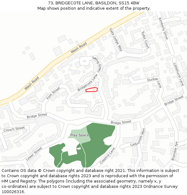 73, BRIDGECOTE LANE, BASILDON, SS15 4BW: Location map and indicative extent of plot