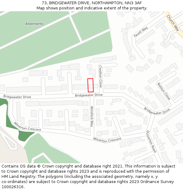 73, BRIDGEWATER DRIVE, NORTHAMPTON, NN3 3AF: Location map and indicative extent of plot