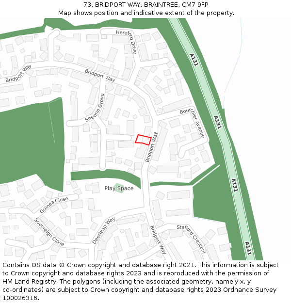 73, BRIDPORT WAY, BRAINTREE, CM7 9FP: Location map and indicative extent of plot