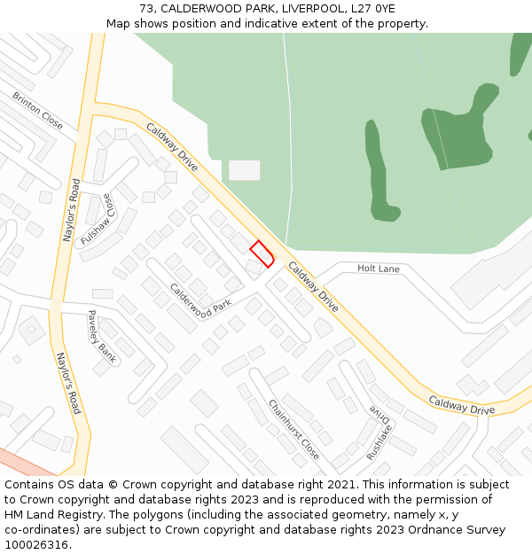 73, CALDERWOOD PARK, LIVERPOOL, L27 0YE: Location map and indicative extent of plot