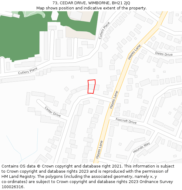 73, CEDAR DRIVE, WIMBORNE, BH21 2JQ: Location map and indicative extent of plot