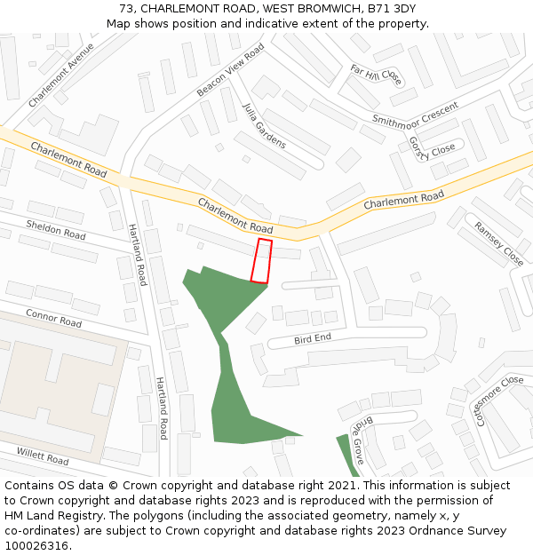 73, CHARLEMONT ROAD, WEST BROMWICH, B71 3DY: Location map and indicative extent of plot
