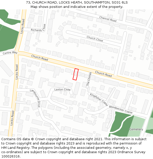 73, CHURCH ROAD, LOCKS HEATH, SOUTHAMPTON, SO31 6LS: Location map and indicative extent of plot