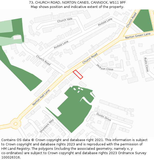 73, CHURCH ROAD, NORTON CANES, CANNOCK, WS11 9PF: Location map and indicative extent of plot