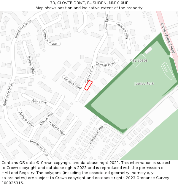 73, CLOVER DRIVE, RUSHDEN, NN10 0UE: Location map and indicative extent of plot