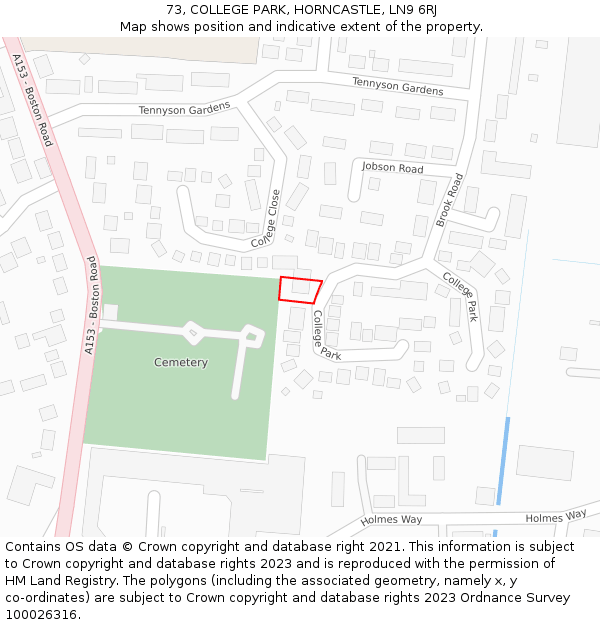 73, COLLEGE PARK, HORNCASTLE, LN9 6RJ: Location map and indicative extent of plot