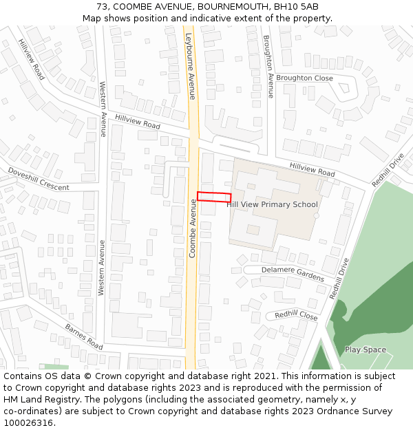 73, COOMBE AVENUE, BOURNEMOUTH, BH10 5AB: Location map and indicative extent of plot