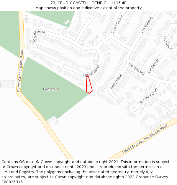 73, CRUD Y CASTELL, DENBIGH, LL16 4PJ: Location map and indicative extent of plot