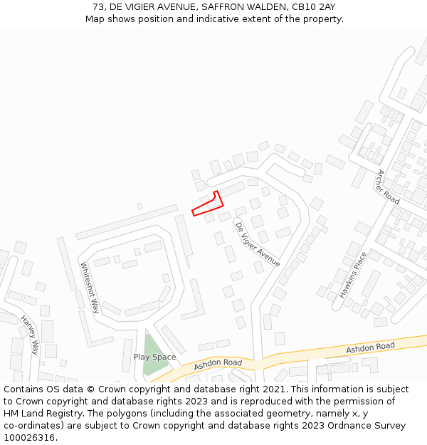 73, DE VIGIER AVENUE, SAFFRON WALDEN, CB10 2AY: Location map and indicative extent of plot