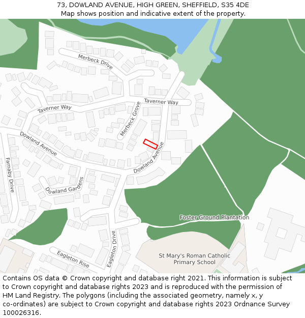 73, DOWLAND AVENUE, HIGH GREEN, SHEFFIELD, S35 4DE: Location map and indicative extent of plot