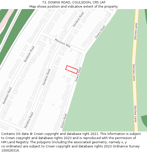 73, DOWNS ROAD, COULSDON, CR5 1AF: Location map and indicative extent of plot