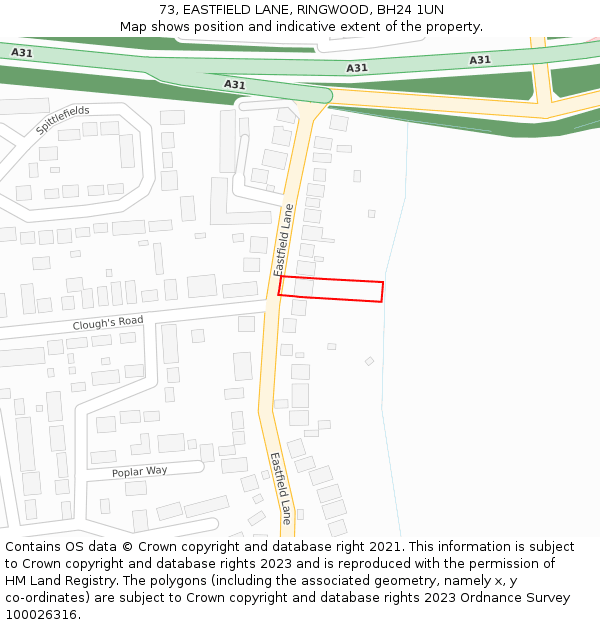 73, EASTFIELD LANE, RINGWOOD, BH24 1UN: Location map and indicative extent of plot