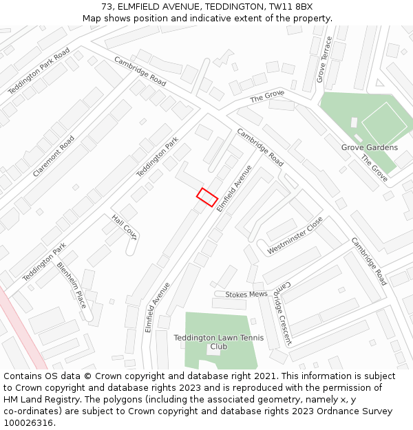 73, ELMFIELD AVENUE, TEDDINGTON, TW11 8BX: Location map and indicative extent of plot