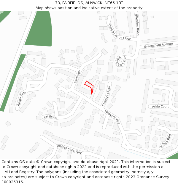73, FAIRFIELDS, ALNWICK, NE66 1BT: Location map and indicative extent of plot