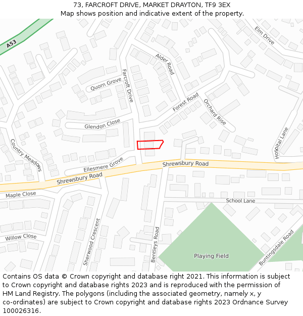73, FARCROFT DRIVE, MARKET DRAYTON, TF9 3EX: Location map and indicative extent of plot