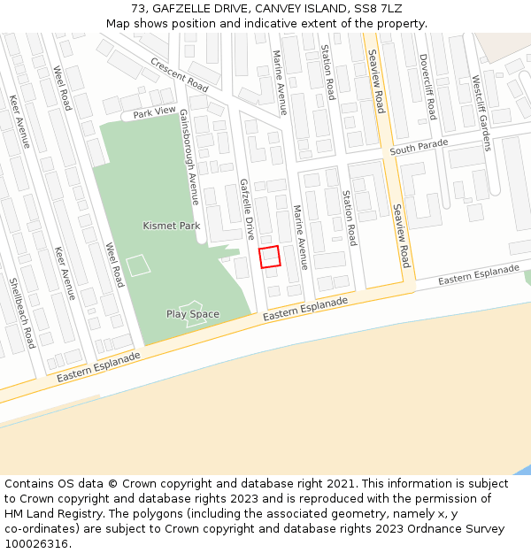 73, GAFZELLE DRIVE, CANVEY ISLAND, SS8 7LZ: Location map and indicative extent of plot