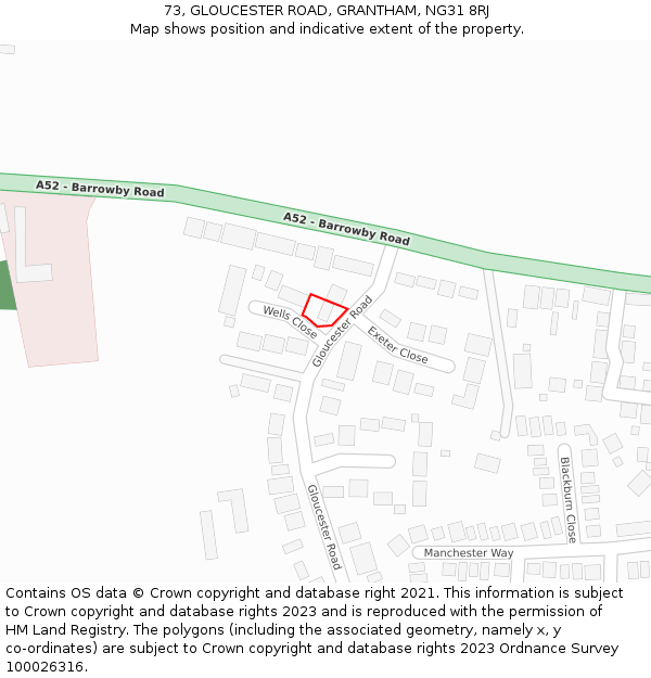 73, GLOUCESTER ROAD, GRANTHAM, NG31 8RJ: Location map and indicative extent of plot