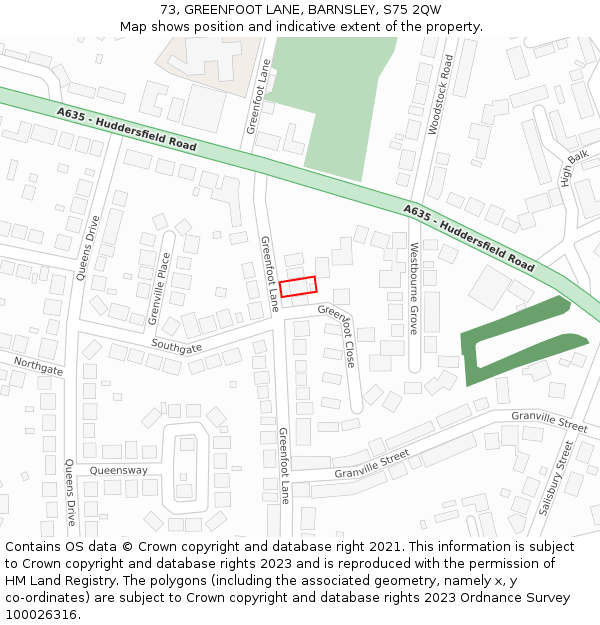 73, GREENFOOT LANE, BARNSLEY, S75 2QW: Location map and indicative extent of plot