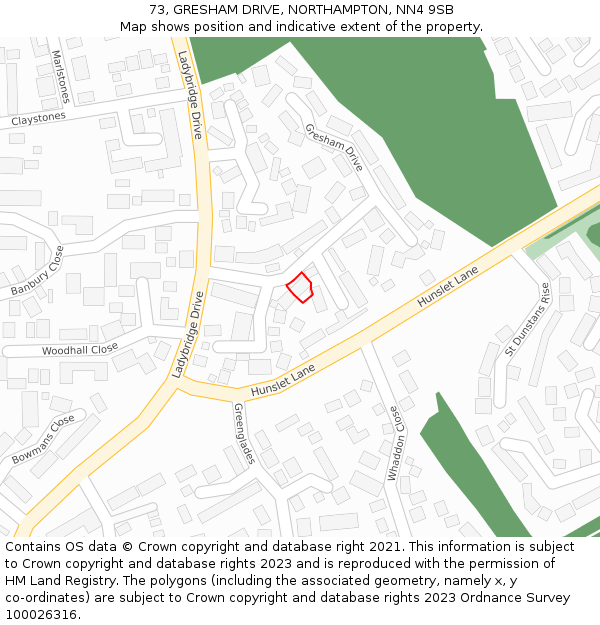 73, GRESHAM DRIVE, NORTHAMPTON, NN4 9SB: Location map and indicative extent of plot