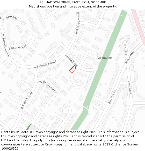 73, HADDON DRIVE, EASTLEIGH, SO50 4PF: Location map and indicative extent of plot