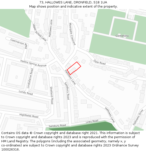 73, HALLOWES LANE, DRONFIELD, S18 1UA: Location map and indicative extent of plot