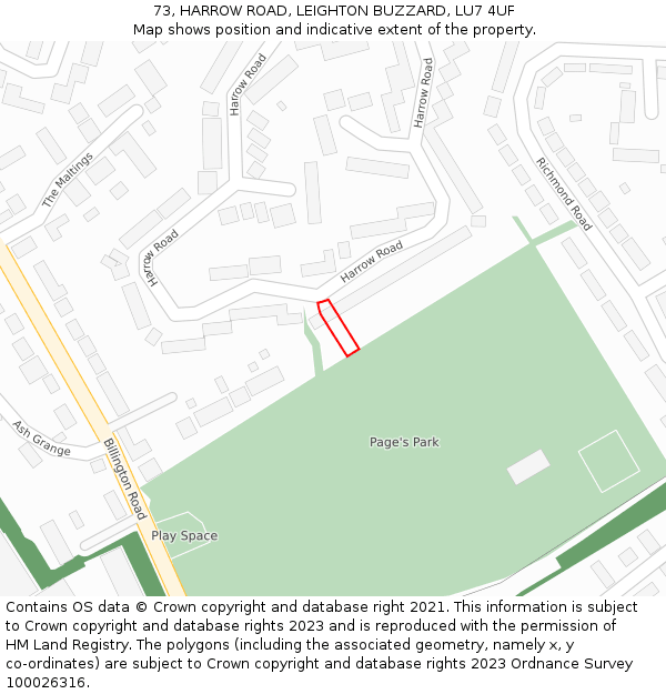 73, HARROW ROAD, LEIGHTON BUZZARD, LU7 4UF: Location map and indicative extent of plot