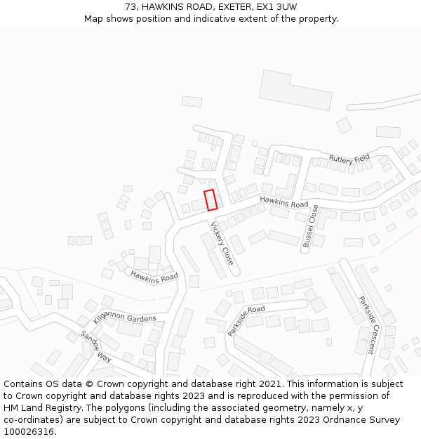 73, HAWKINS ROAD, EXETER, EX1 3UW: Location map and indicative extent of plot