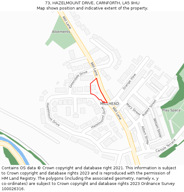 73, HAZELMOUNT DRIVE, CARNFORTH, LA5 9HU: Location map and indicative extent of plot