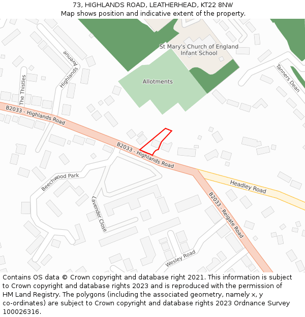 73, HIGHLANDS ROAD, LEATHERHEAD, KT22 8NW: Location map and indicative extent of plot