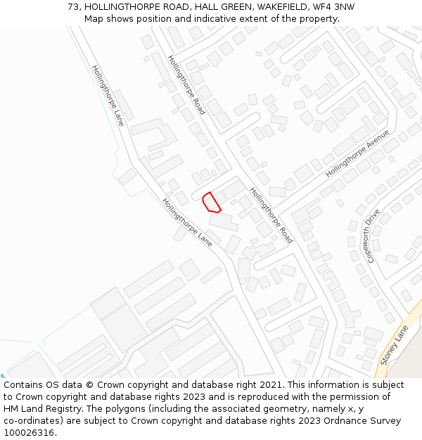 73, HOLLINGTHORPE ROAD, HALL GREEN, WAKEFIELD, WF4 3NW: Location map and indicative extent of plot