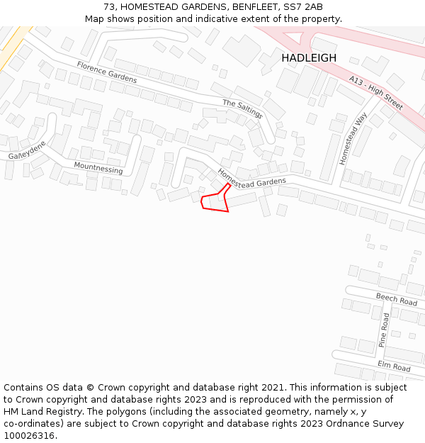 73, HOMESTEAD GARDENS, BENFLEET, SS7 2AB: Location map and indicative extent of plot