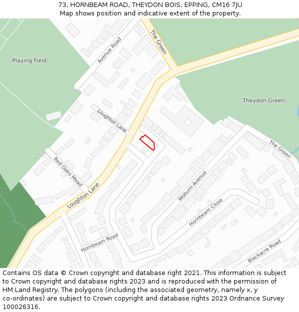 73, HORNBEAM ROAD, THEYDON BOIS, EPPING, CM16 7JU: Location map and indicative extent of plot