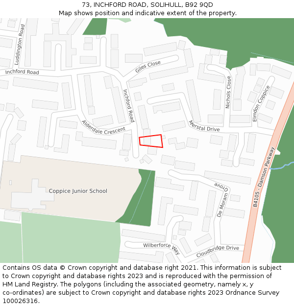 73, INCHFORD ROAD, SOLIHULL, B92 9QD: Location map and indicative extent of plot