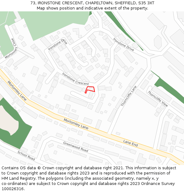 73, IRONSTONE CRESCENT, CHAPELTOWN, SHEFFIELD, S35 3XT: Location map and indicative extent of plot