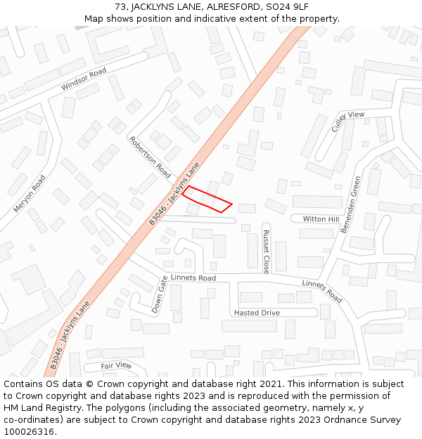 73, JACKLYNS LANE, ALRESFORD, SO24 9LF: Location map and indicative extent of plot