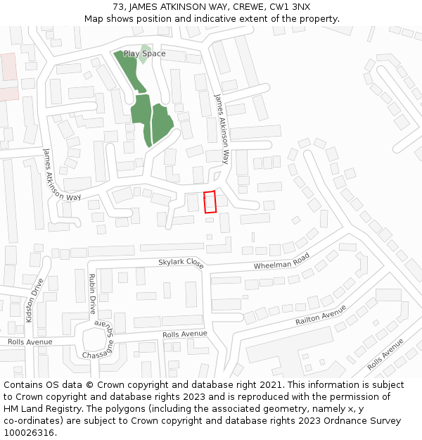 73, JAMES ATKINSON WAY, CREWE, CW1 3NX: Location map and indicative extent of plot