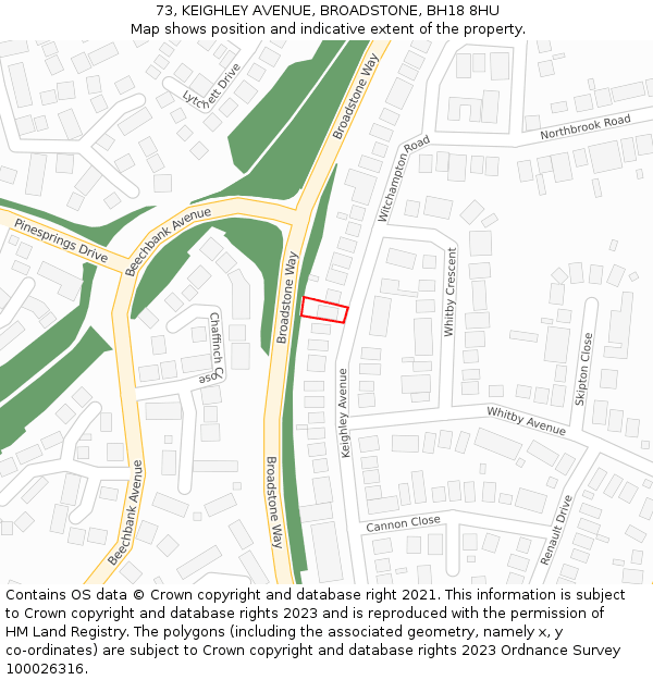 73, KEIGHLEY AVENUE, BROADSTONE, BH18 8HU: Location map and indicative extent of plot