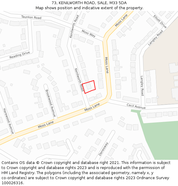 73, KENILWORTH ROAD, SALE, M33 5DA: Location map and indicative extent of plot